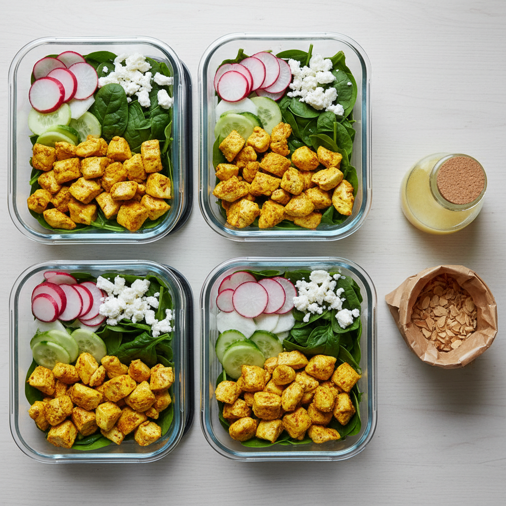 Salade Composée de Poulet Rôti au Curcuma, Radis, Concombre & Amandes Effilées — Meal Prep Printemps en cuisine