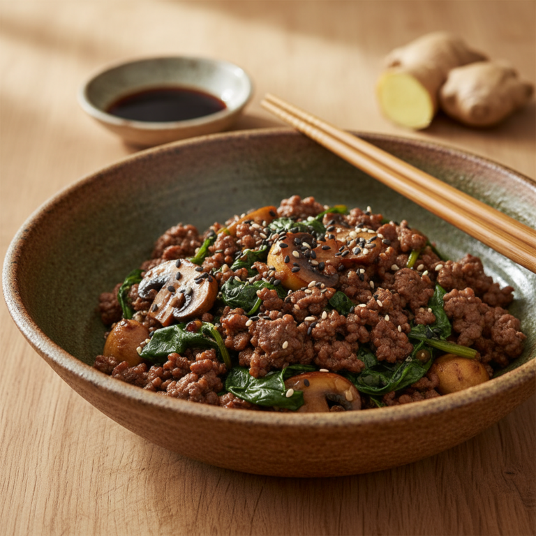 Poêlée de Bœuf Haché aux Épinards & Champignons, Sauce Tamari-Gingembre — Meal Prep Printemps