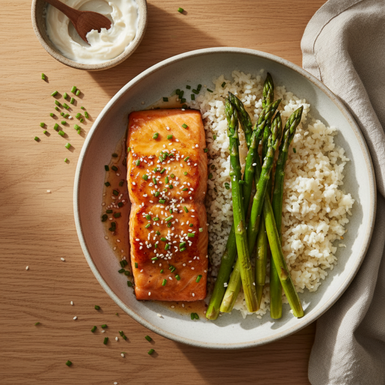 Bowl de Saumon Laqué au Miso, Asperges Rôties & Graines de Sésame — Meal Prep Printemps