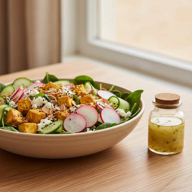Salade Composée de Poulet Rôti au Curcuma, Radis, Concombre & Amandes Effilées — Meal Prep Printemps