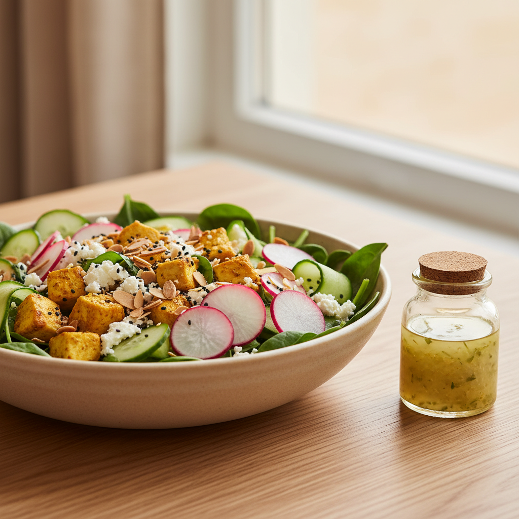 Salade Composée de Poulet Rôti au Curcuma, Radis, Concombre & Amandes Effilées — Meal Prep Printemps