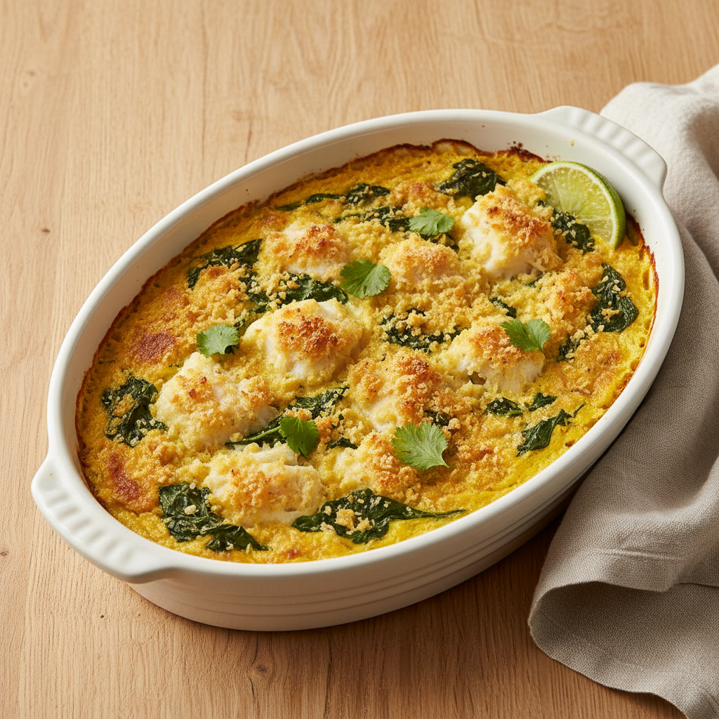 Gratin de Cabillaud au Lait de Coco, Épinards & Curcuma — Meal Prep Printemps