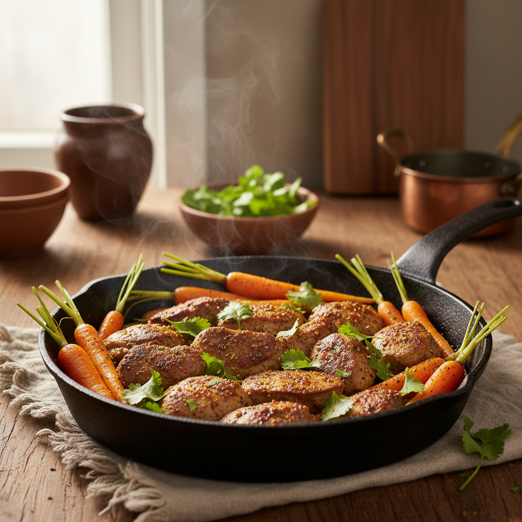 Poêlée de Foies de Volaille au Ras-el-Hanout, Carottes Nouvelles & Coriandre Fraîche — Meal Prep Printemps en cuisine