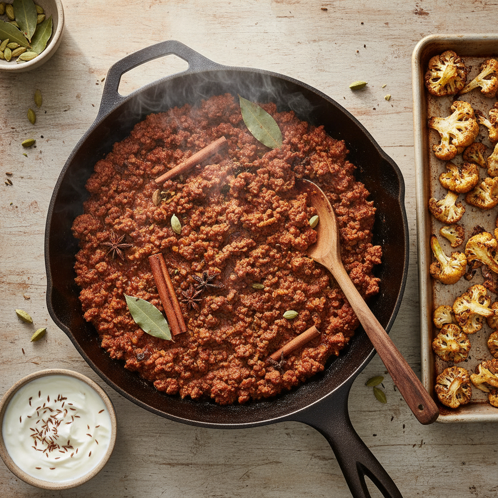 Bœuf Haché Épicé à l'Indienne, Chou-fleur Rôti & Sauce Yaourt au Cumin — Meal Prep Printemps en cuisine