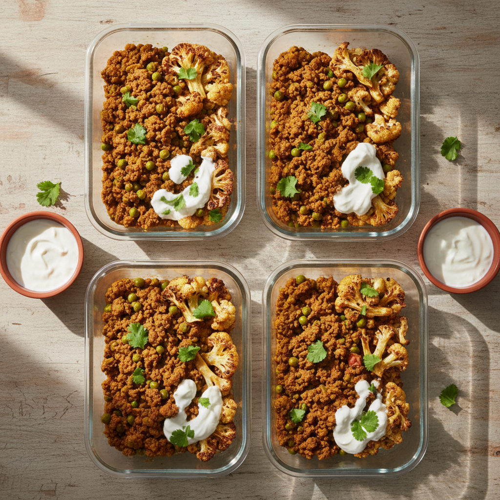 Bœuf Haché Épicé à l’Indienne, Chou-fleur Rôti & Sauce Yaourt au Cumin — Meal Prep Printemps