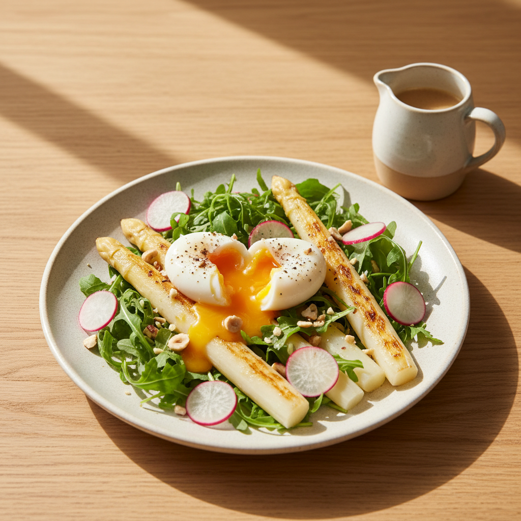 Salade Composée d’Œufs Pochés, Asperges Blanches & Noisettes Grillées — Meal Prep Printemps
