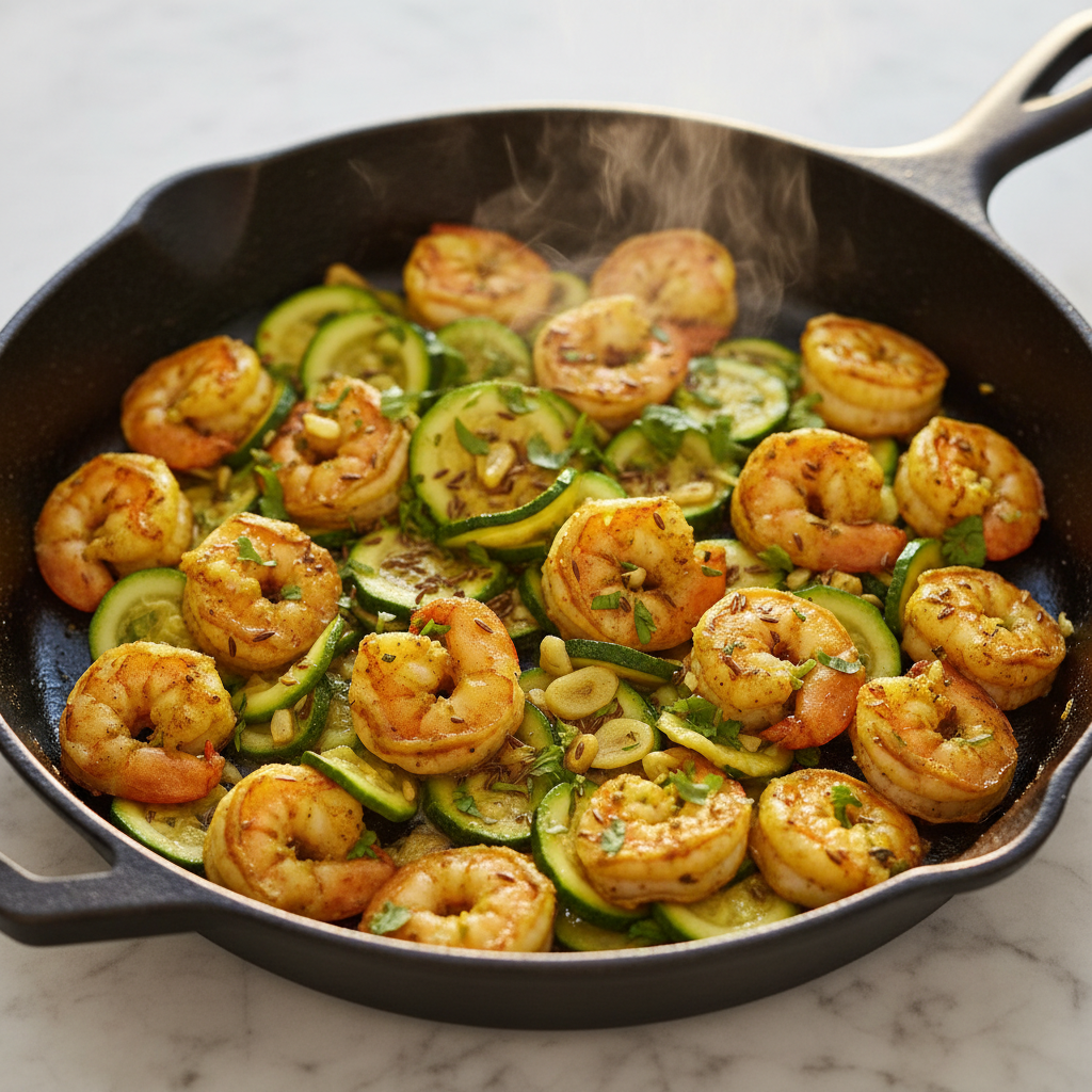 Poêlée de Crevettes au Beurre Clarifié, Courgettes Rubans & Curcuma Frais — Meal Prep Printemps en cuisine