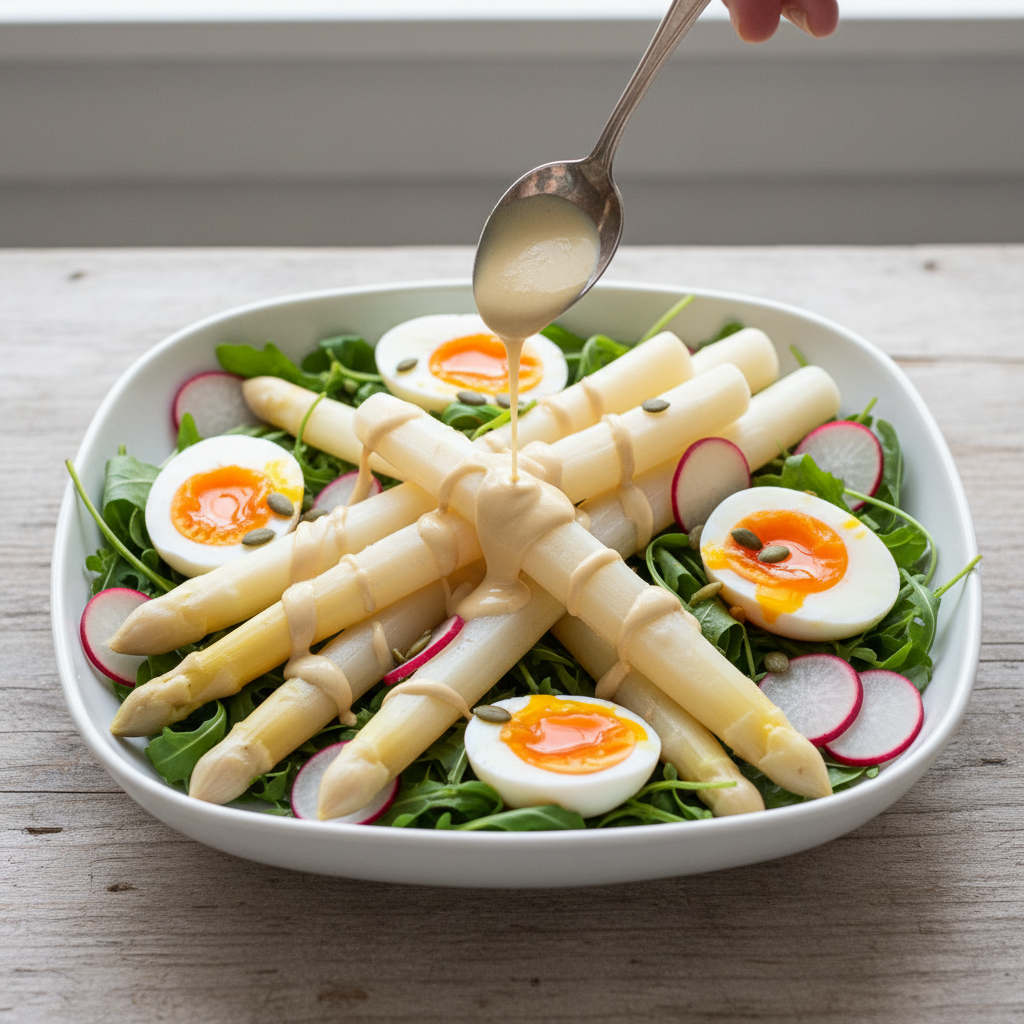 Salade Composée d'Œufs Mollets, Asperges Blanches & Sauce Tahini-Citron — Meal Prep Printemps en cuisine