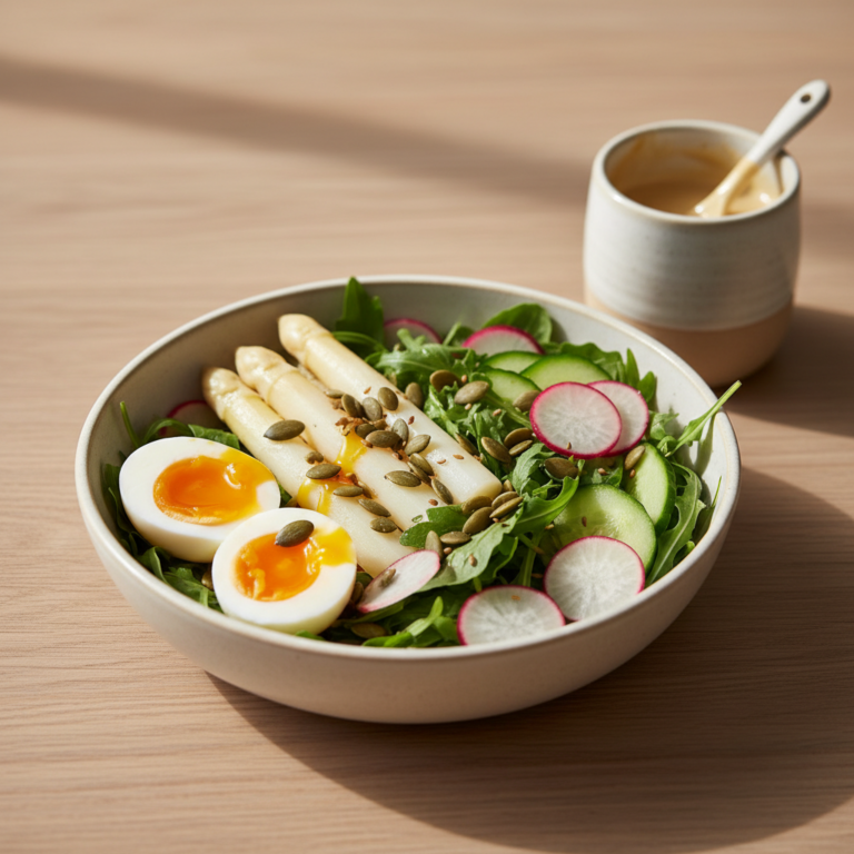 Salade Composée d'Œufs Mollets, Asperges Blanches & Sauce Tahini-Citron — Meal Prep Printemps
